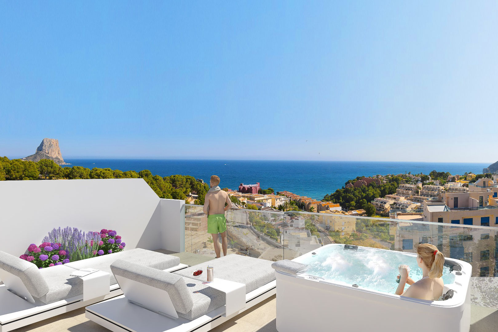 Terraza privada con jacuzzi, tumbonas modernas y barandilla de cristal con vistas panorámicas al mar Mediterráneo y al Peñón de Ifach en Calpe.