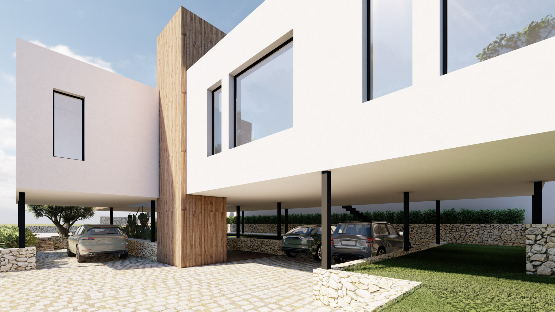 Fachada moderna con planta superior en voladizo que crea un amplio aparcamiento cubierto. Destaca el revestimiento de madera vertical y los muros perimetrales de piedra natural.