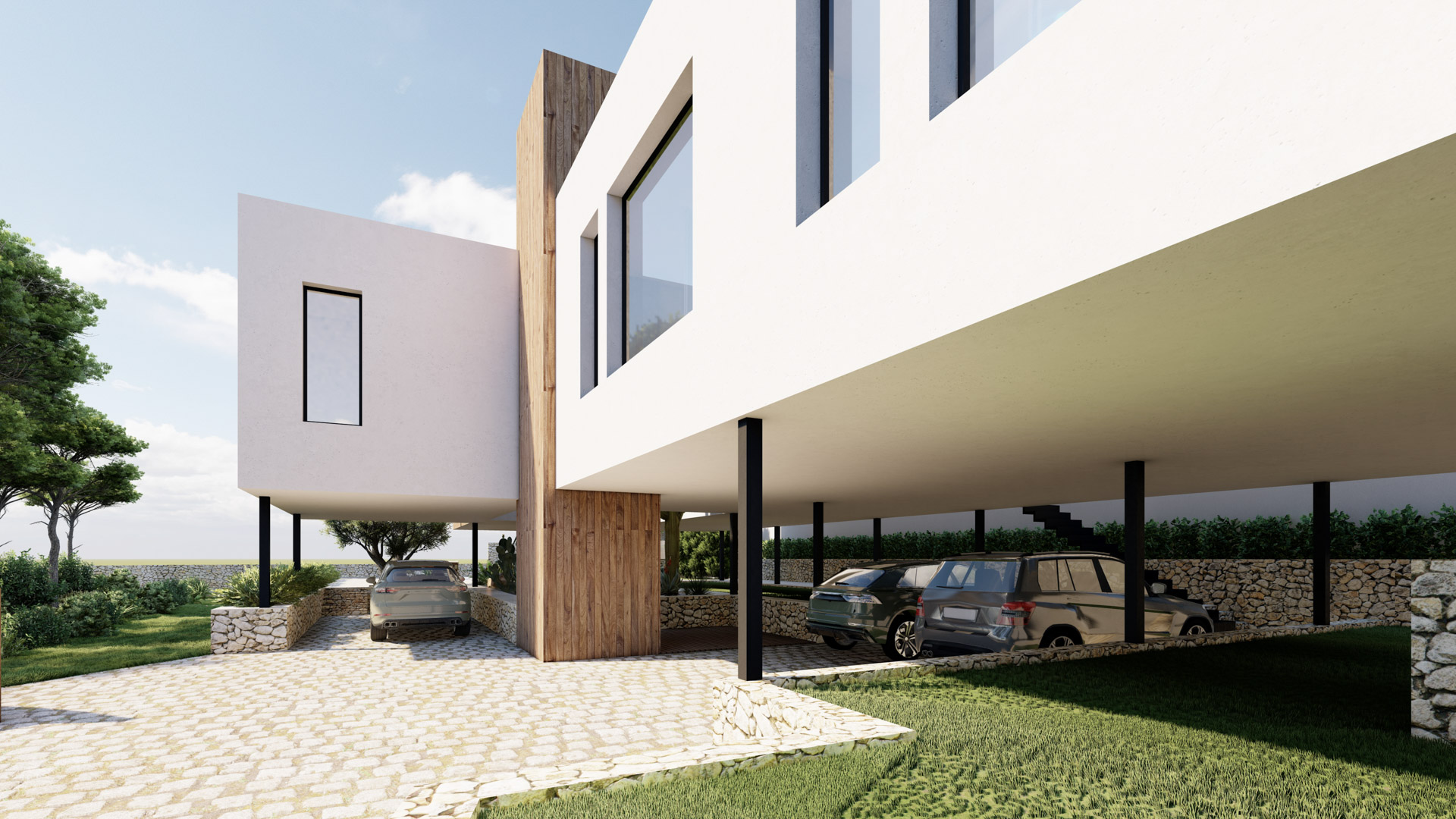 Fachada moderna con voladizos blancos y detalles en madera, que integra un amplio aparcamiento cubierto sobre suelo de adoquines y muros de piedra natural.