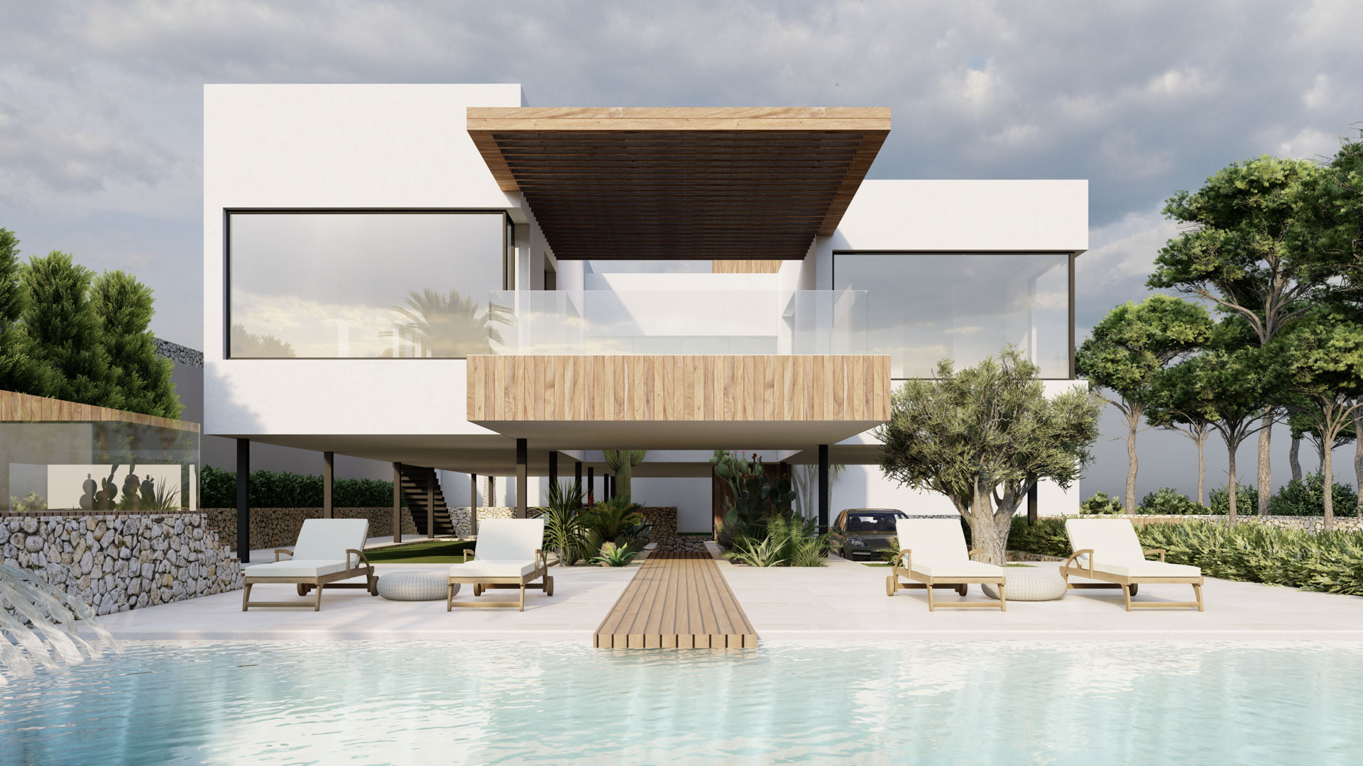 Fachada moderna con voladizos de madera y amplios ventanales frente a una piscina de diseño con solárium, pasarela de madera y vegetación mediterránea integrada.