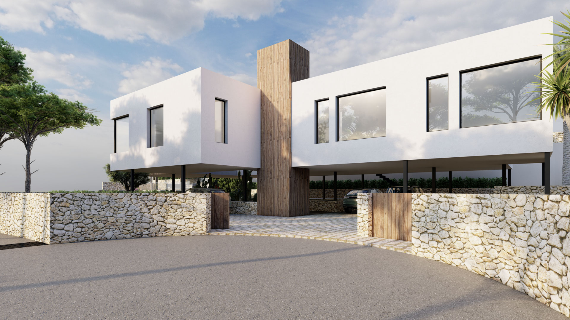 Fachada moderna con volúmenes blancos y revestimiento de madera central. La planta superior elevada sobre pilares crea un amplio aparcamiento cubierto tras muros de piedra natural.