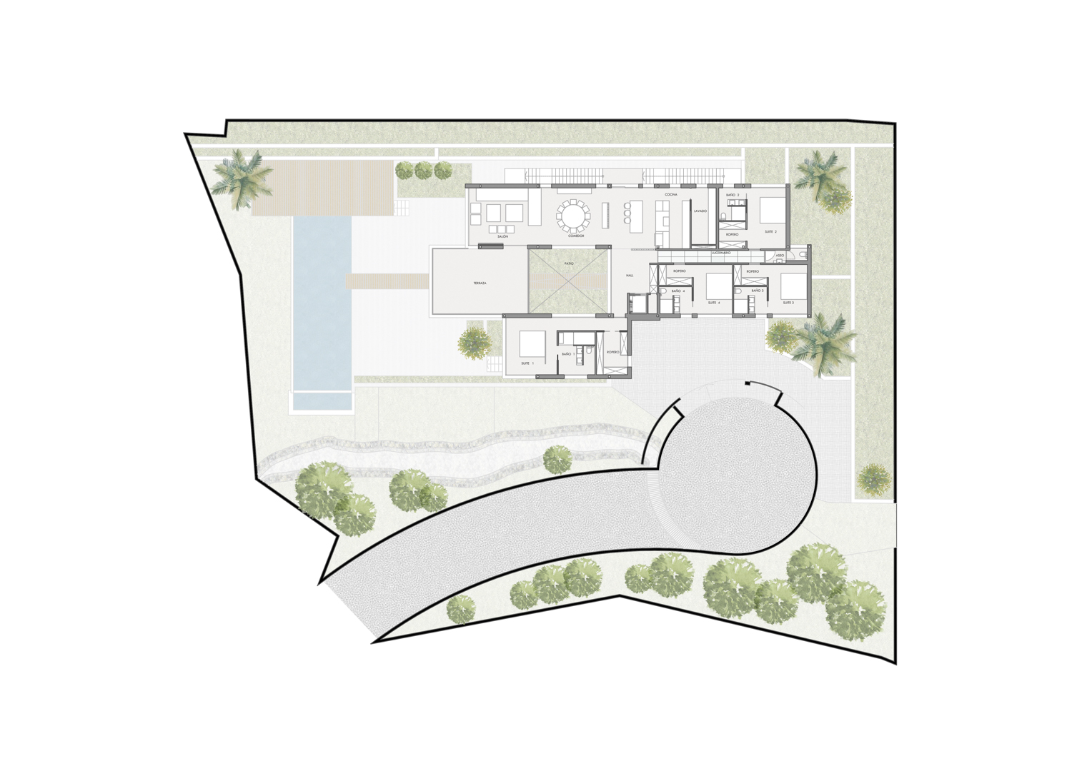 Plano arquitectónico detallado que muestra la distribución de la villa, incluyendo cuatro suites, zona de estar diáfana, patio central y piscina exterior con jardín.
