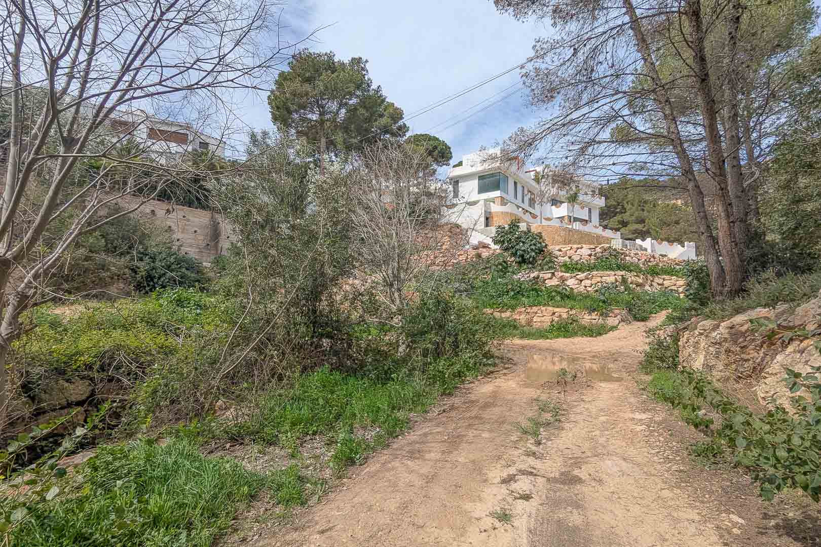 Vista exterior desde el camino de acceso que muestra la elevación de la parcela, los muros de piedra natural y la estructura de la villa rodeada de pinos.