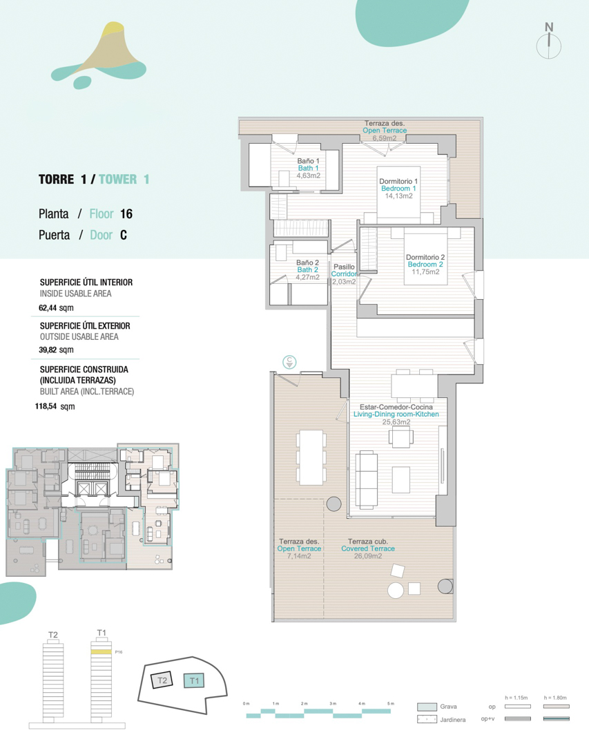 Plano detallado del apartamento C en la planta 16 de la Torre 1, con dos dormitorios, dos baños y una amplia terraza cubierta de 26 m² conectada al salón.