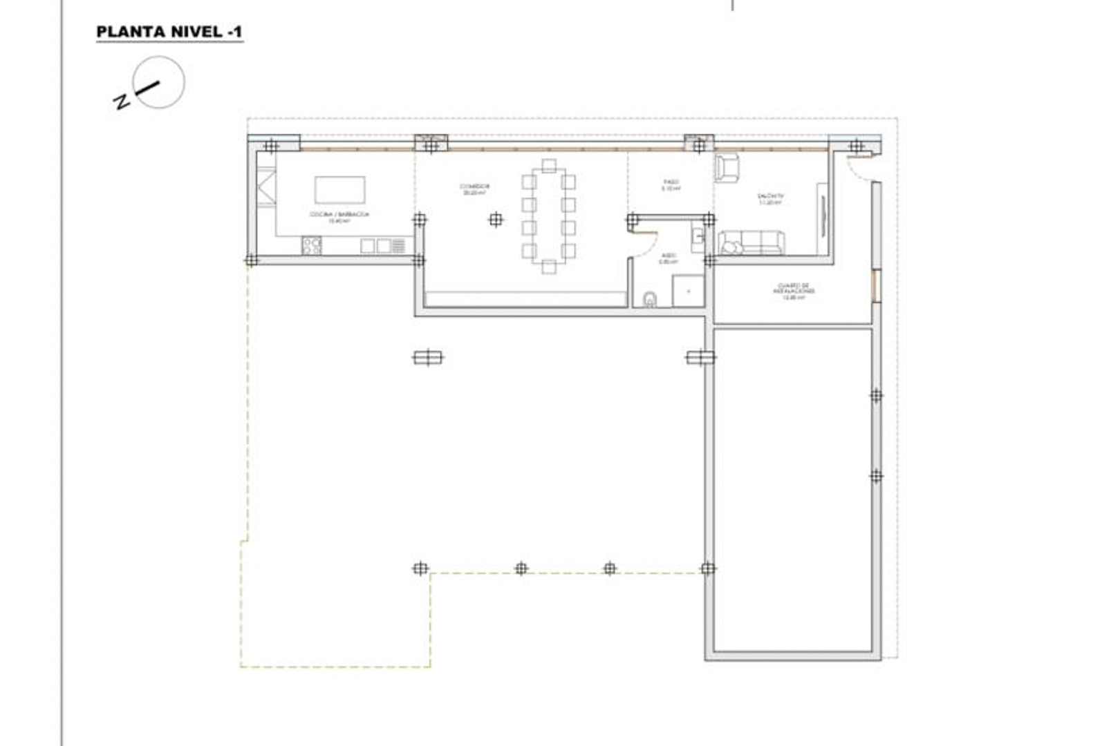Plano del Nivel -1 que muestra la distribución de la cocina-barbacoa, comedor, sala de TV, aseo y cuarto de instalaciones junto a una extensa terraza.