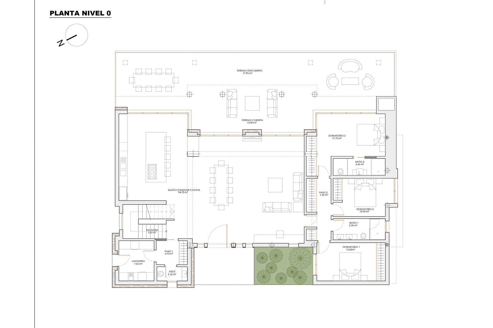 Plano detallado del nivel 0 que muestra un salón-comedor-cocina de 94 m², tres dormitorios y una amplia terraza de 77 m² con zonas de estar y comedor exterior.