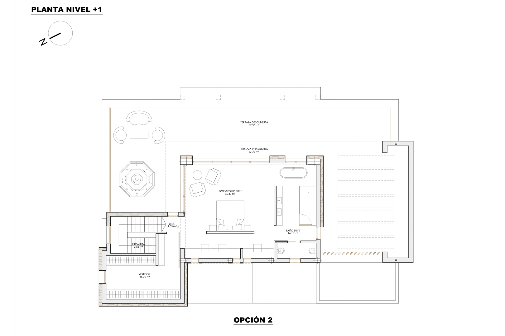 Plano técnico del nivel +1, opción 2, que detalla una suite principal de 36 m², vestidor, baño completo y más de 110 m² de terrazas exteriores pergoladas y descubiertas.