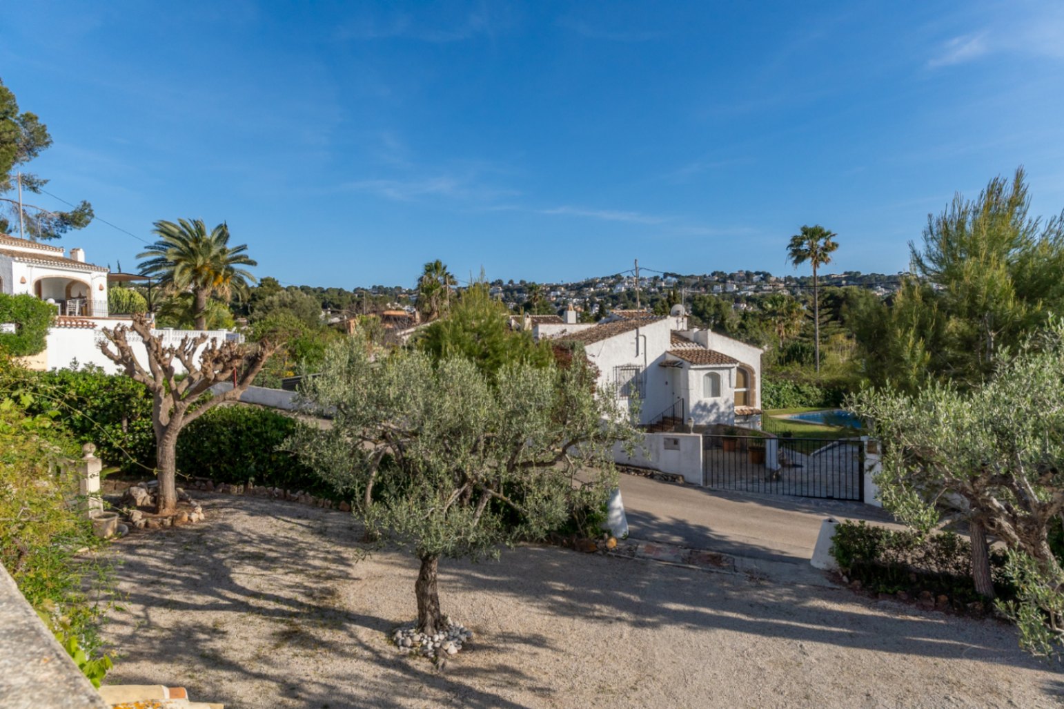Vista exterior de la villa con jardín mediterráneo, destacando un olivo joven y vistas despejadas hacia las colinas de Jávea bajo un cielo despejado.