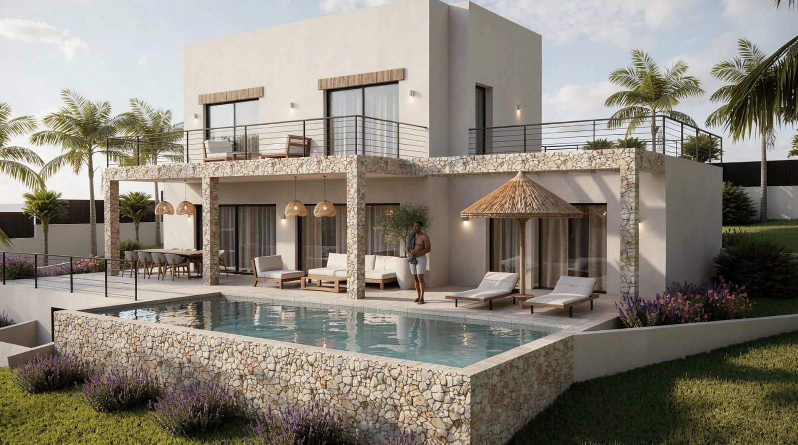Exterior de villa moderna con piscina de piedra, amplia naya cubierta con pilares de mampostería y terraza superior con barandillas metálicas y palmeras.