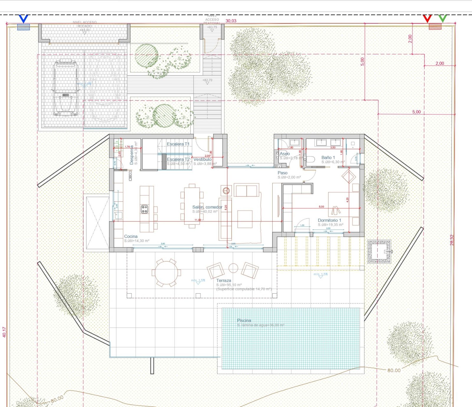 Plano técnico de la planta principal que muestra la distribución abierta del salón-comedor, cocina con isla, dormitorio en suite y la amplia zona exterior con piscina y terraza.