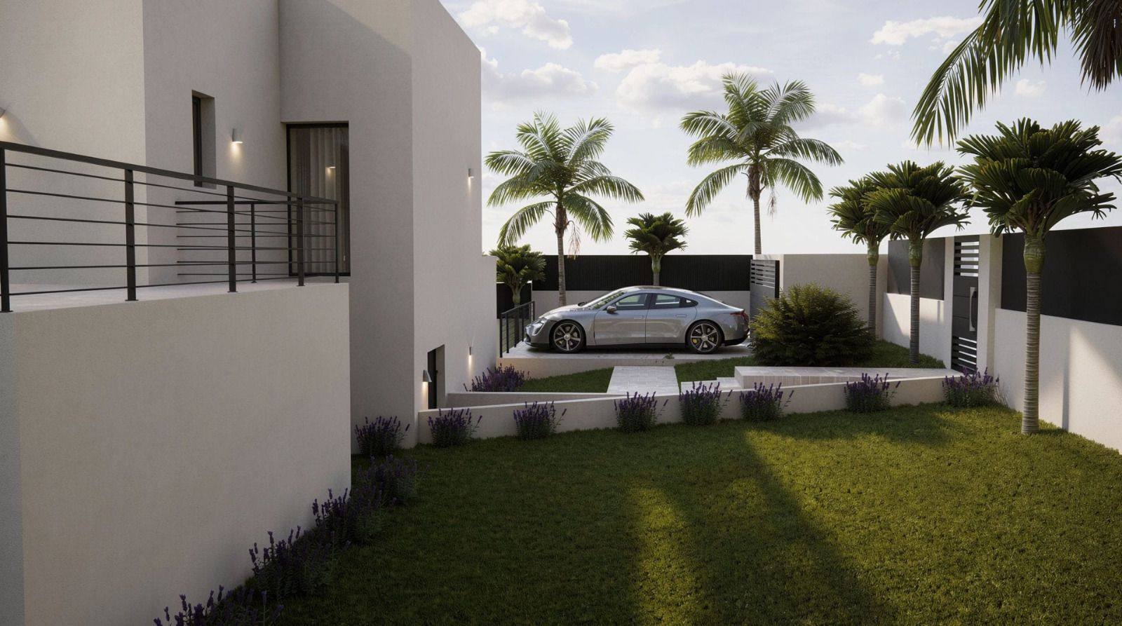 Vista exterior de la fachada moderna con jardín nivelado, zona de aparcamiento privada, palmeras y parterres de lavanda bajo una iluminación natural.