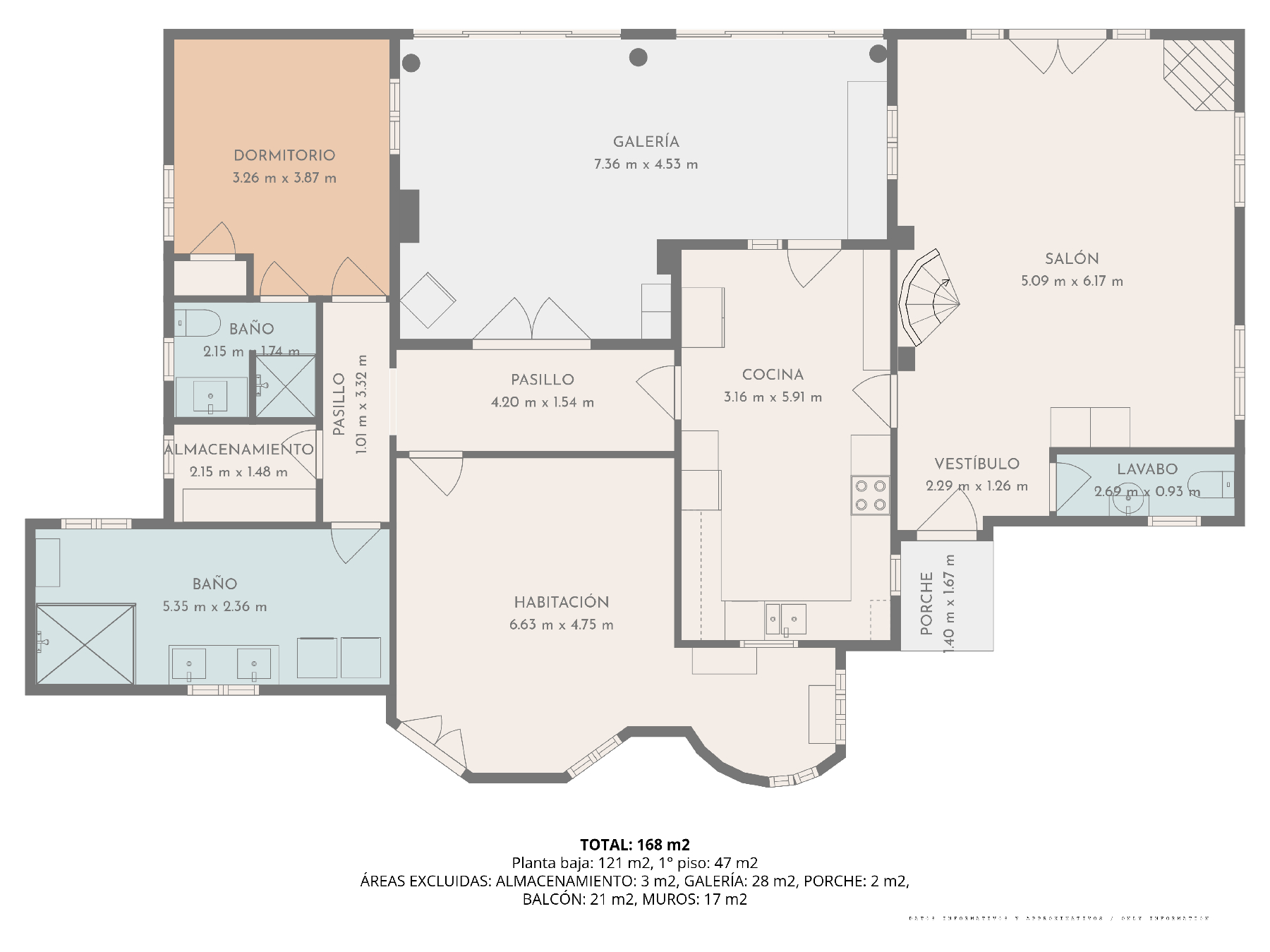 Plano técnico detallado de la planta baja con 121 m², que muestra la distribución de estancias, incluyendo salón, cocina y dormitorios con sus dimensiones exactas.