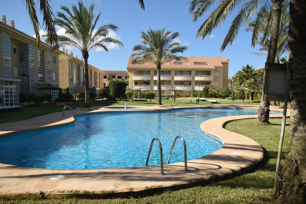 Piscina comunitaria de diseño curvo rodeada de amplias zonas de césped y palmeras maduras en el complejo residencial Golden Beach 2.