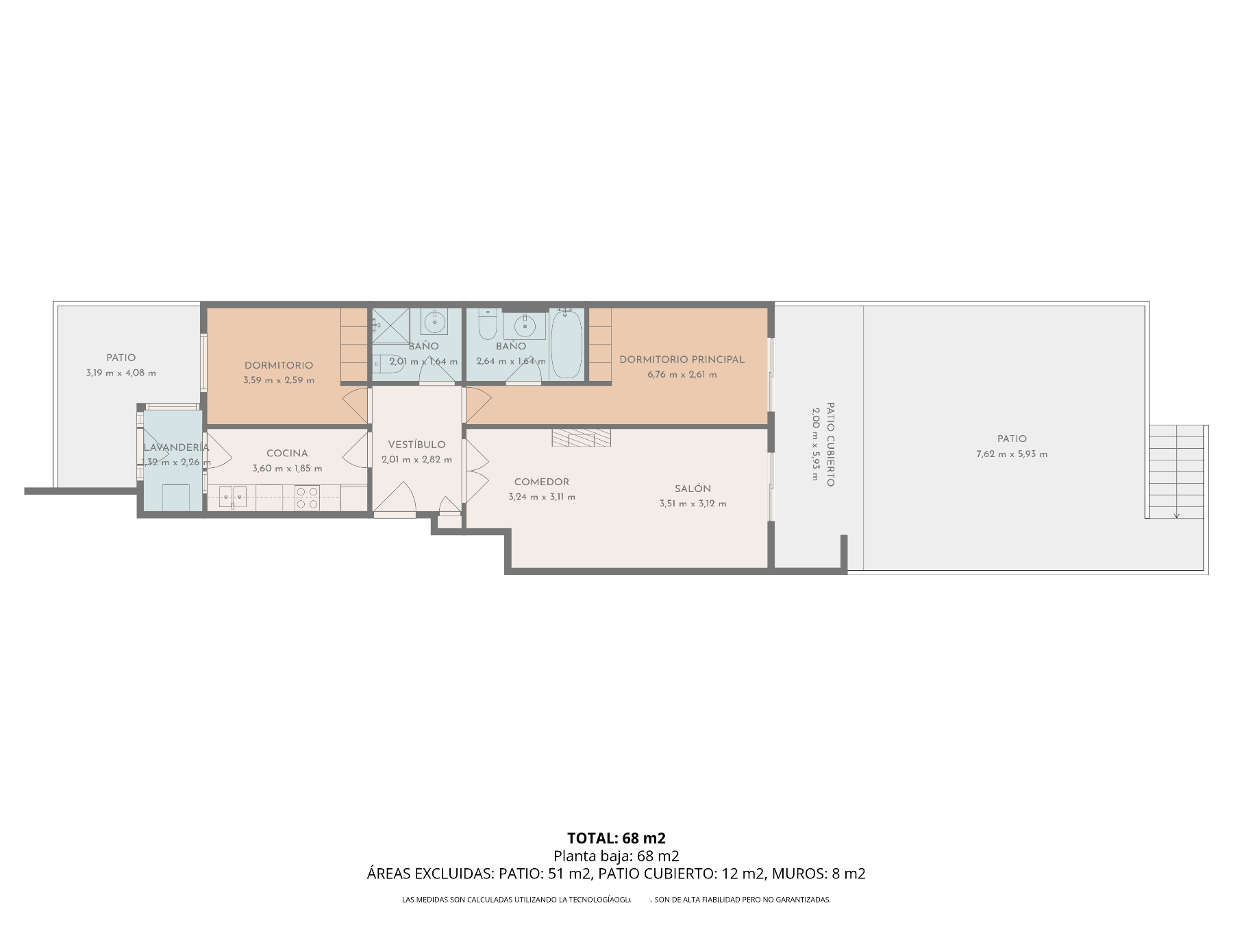 Plano detallado de la planta baja de 68 m2 que muestra la distribución de dos dormitorios, dos baños, salón-comedor y amplios patios exteriores.