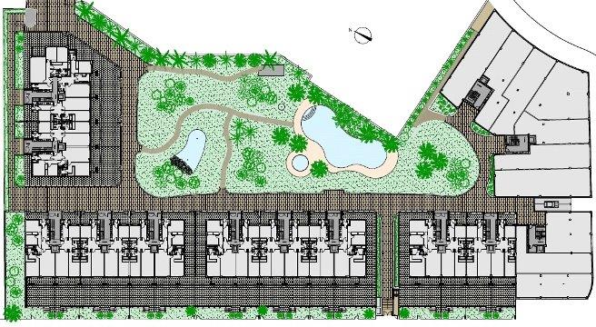 Plano general del complejo residencial que muestra la distribución de los bloques, las zonas ajardinadas y las piscinas comunitarias centrales.