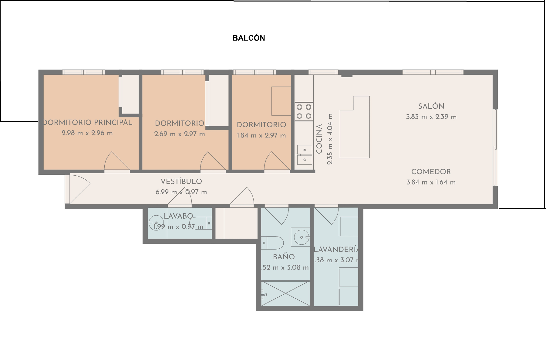 Plano detallado de la vivienda que muestra la distribución de los tres dormitorios, el salón-comedor con cocina abierta y la amplia terraza perimetral.