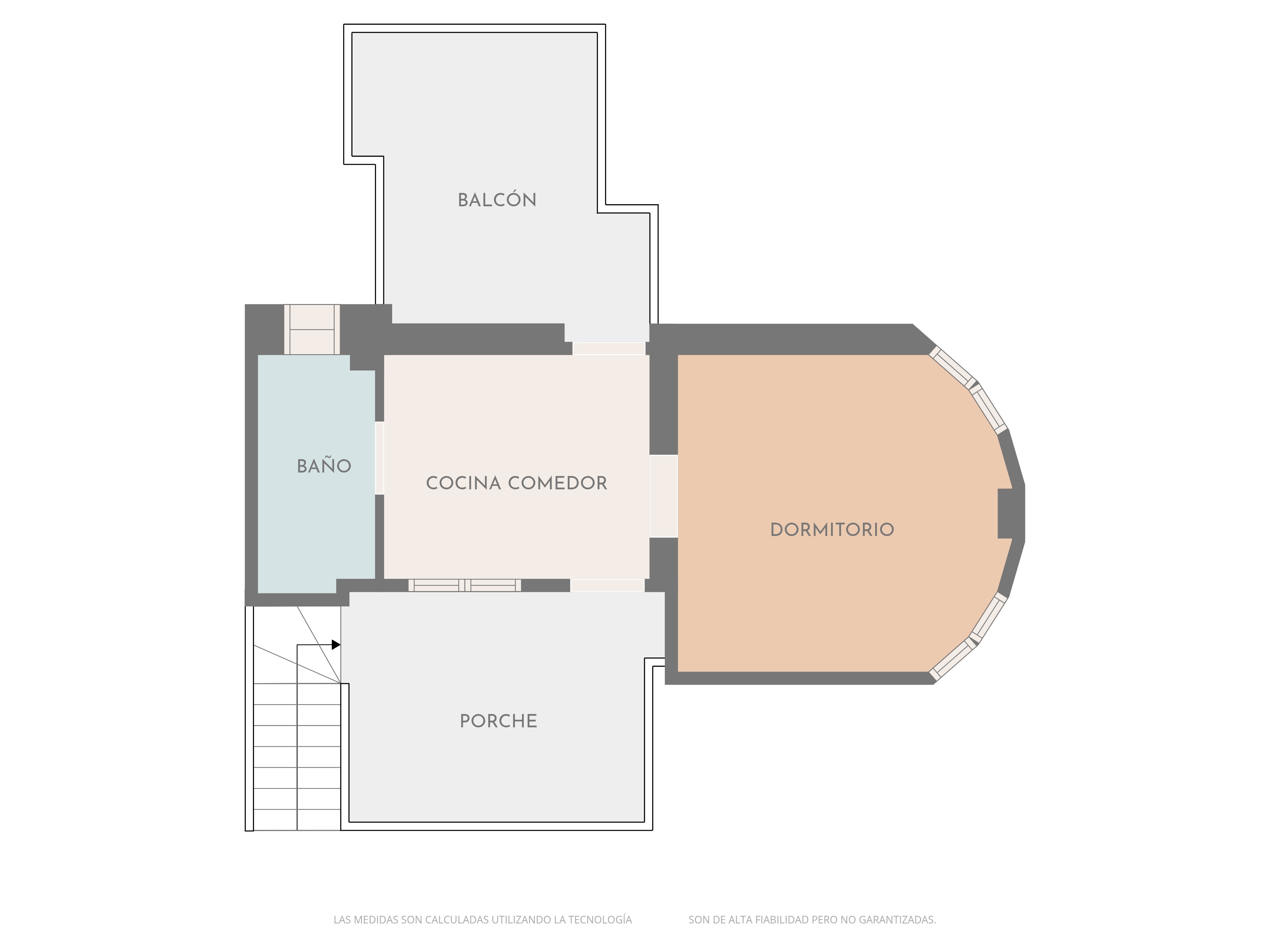 Plano detallado que muestra la distribución de una planta con cocina-comedor, un dormitorio con pared curva, baño completo, porche de entrada y balcón posterior.