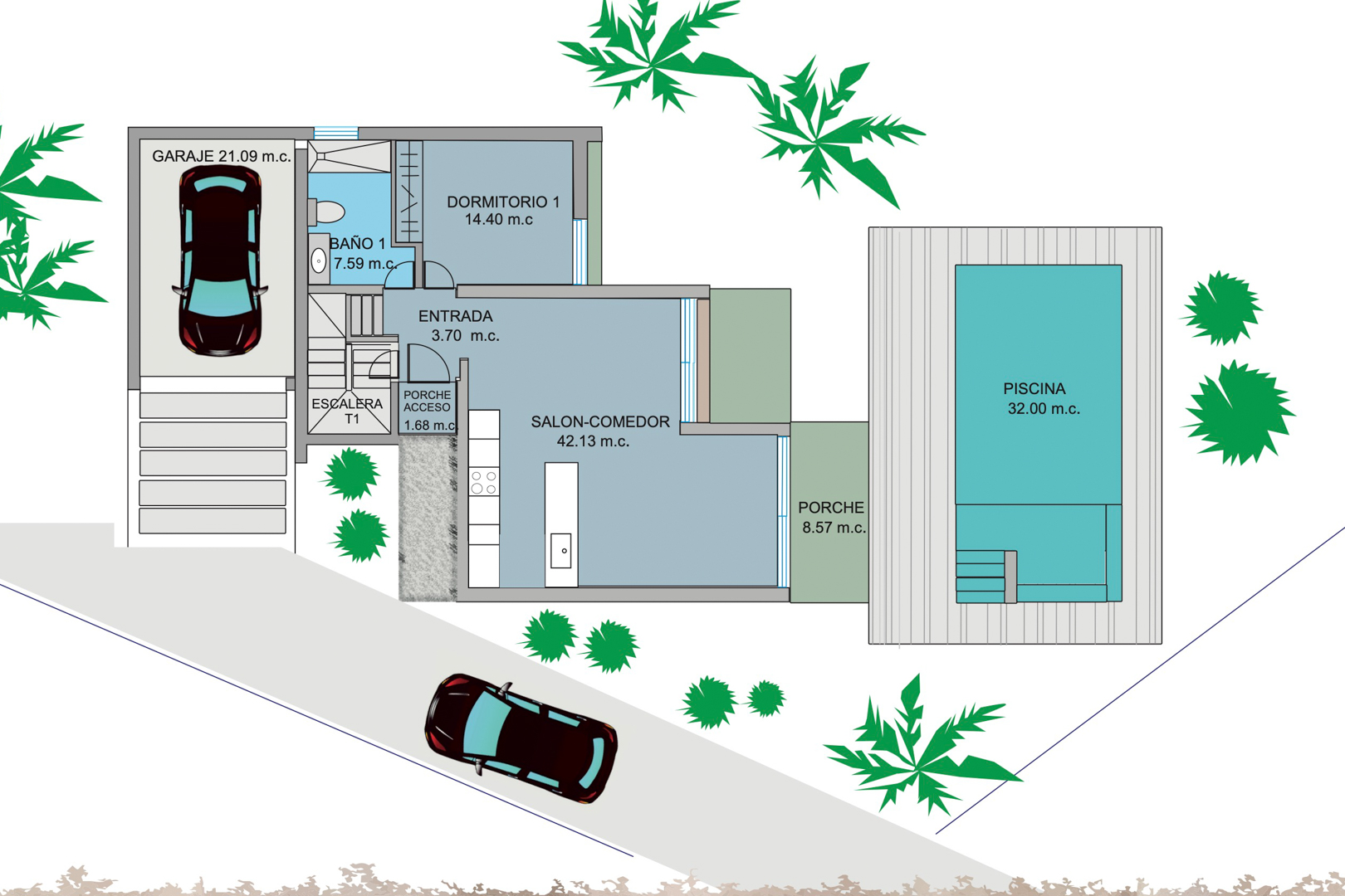 Plano detallado de la planta baja que muestra el amplio salón-comedor con cocina integrada, un dormitorio, garaje y la zona exterior con piscina de 32 m2.