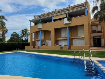 La atractiva piscina comunitaria de agua azul cristalina, rodeada de césped cuidado y palmeras, complementa la fachada ocre del edificio con pilares azules en los balcones.