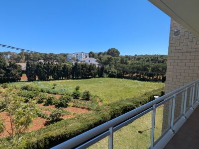 Vista desde la terraza privada con barandilla moderna de cristal y metal, ofreciendo un paisaje de campos verdes, arboledas y edificios distantes bajo cielo azul.