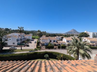 Vista panorámica desde la terraza con tejados de terracota, calles residenciales, palmeras exuberantes y la imponente montaña del Montgó bajo un cielo azul claro.