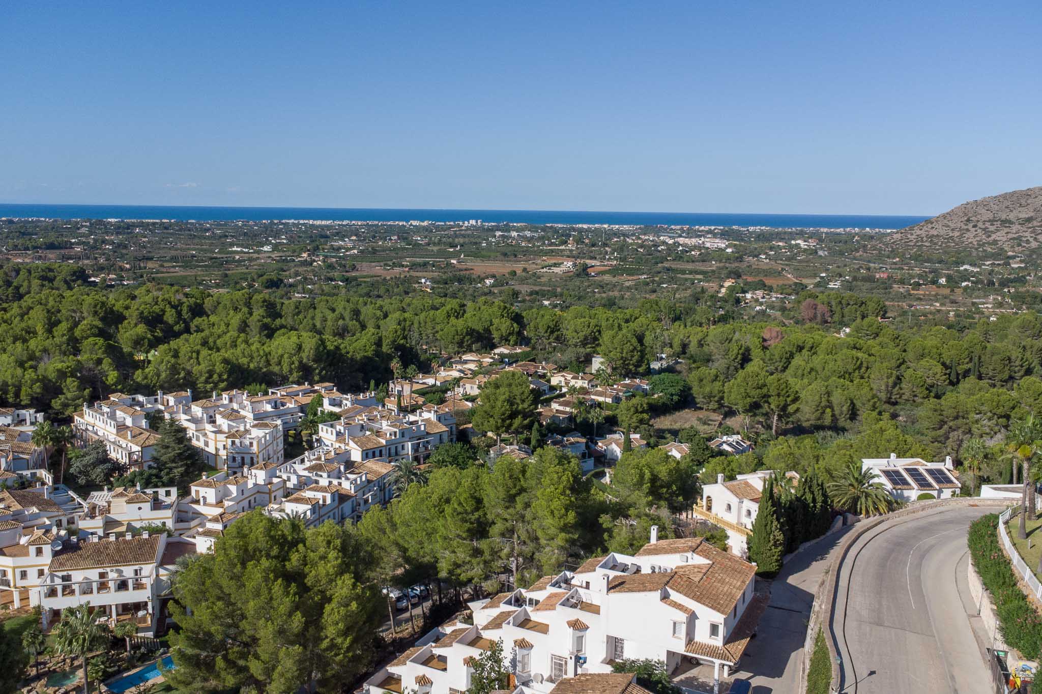 Vista aérea panorámica del complejo Las Mimosas en La Sella, rodeado de frondosos pinos con el mar Mediterráneo y la línea de costa en el horizonte.