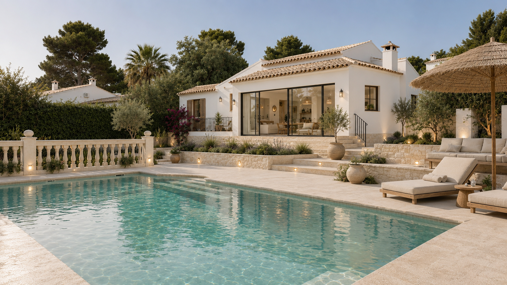 Exterior de villa mediterránea con piscina, amplia terraza de piedra, muros de mampostería y jardín con olivos frente a una fachada blanca tradicional.