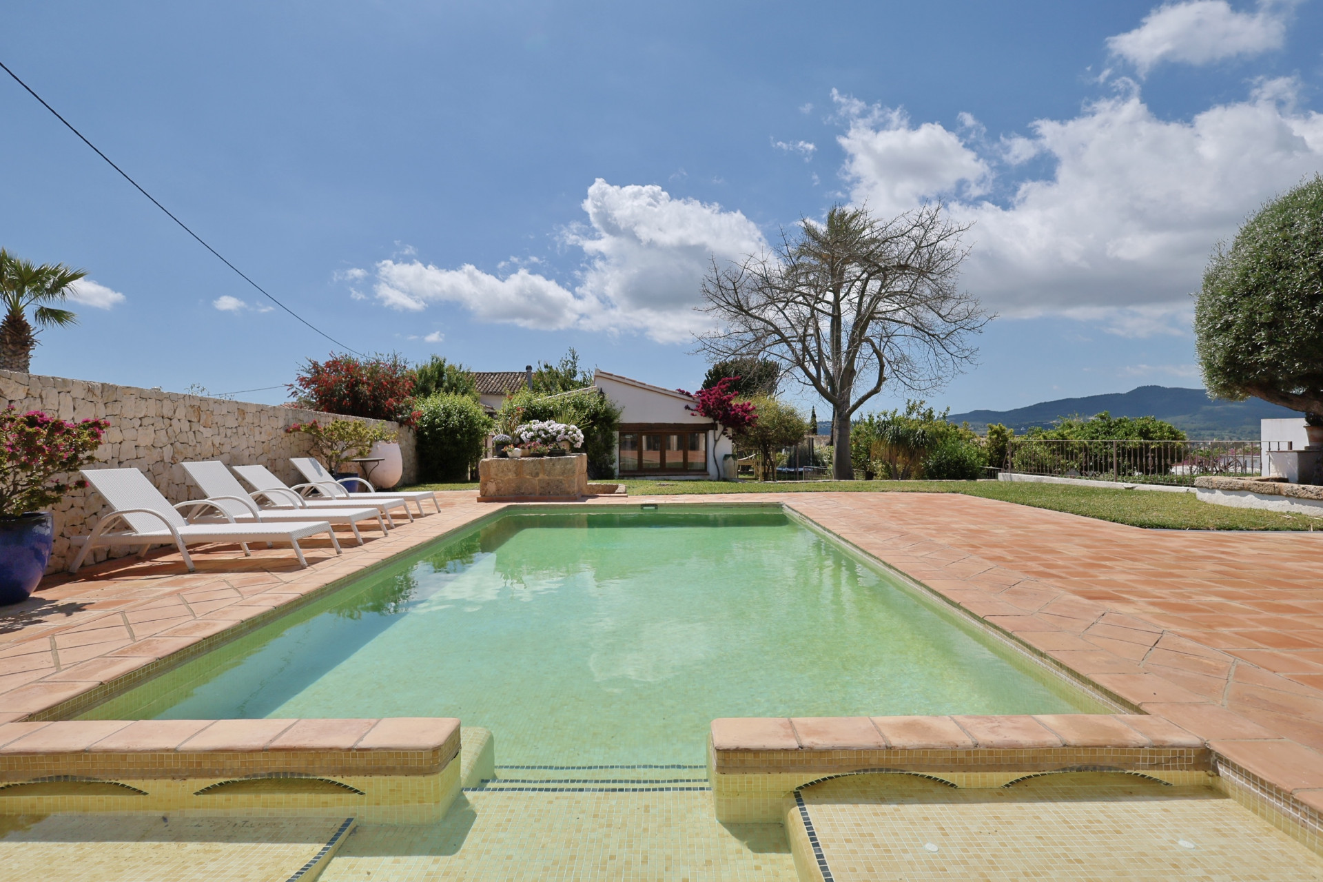 Vista de la piscina rectangular con borde de terracota, rodeada de jardín y tumbonas blancas.