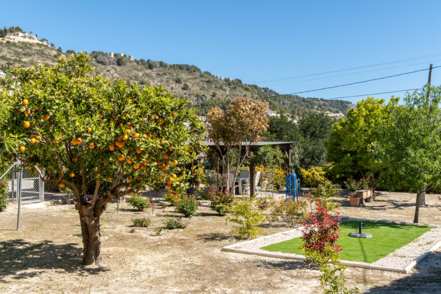 Jardín mediterráneo con naranjo frutal, zona de comedor exterior bajo pérgola y vistas a los molinos históricos sobre la montaña de Jávea.