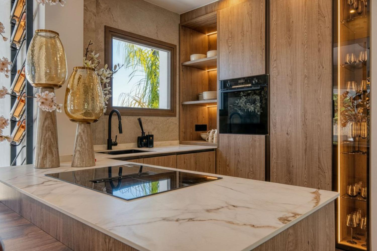 Detalle de la cocina con isla de mármol veteado, armarios de madera clara y electrodomésticos modernos.