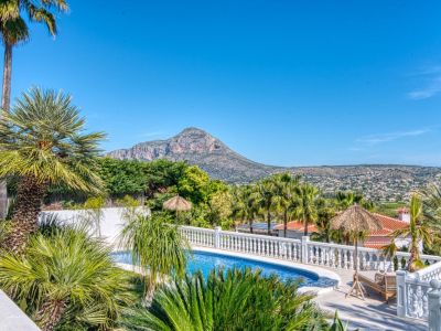 Vista de la piscina con borde de mosaico azul, rodeada de exuberante vegetación tropical y barandilla blanca.