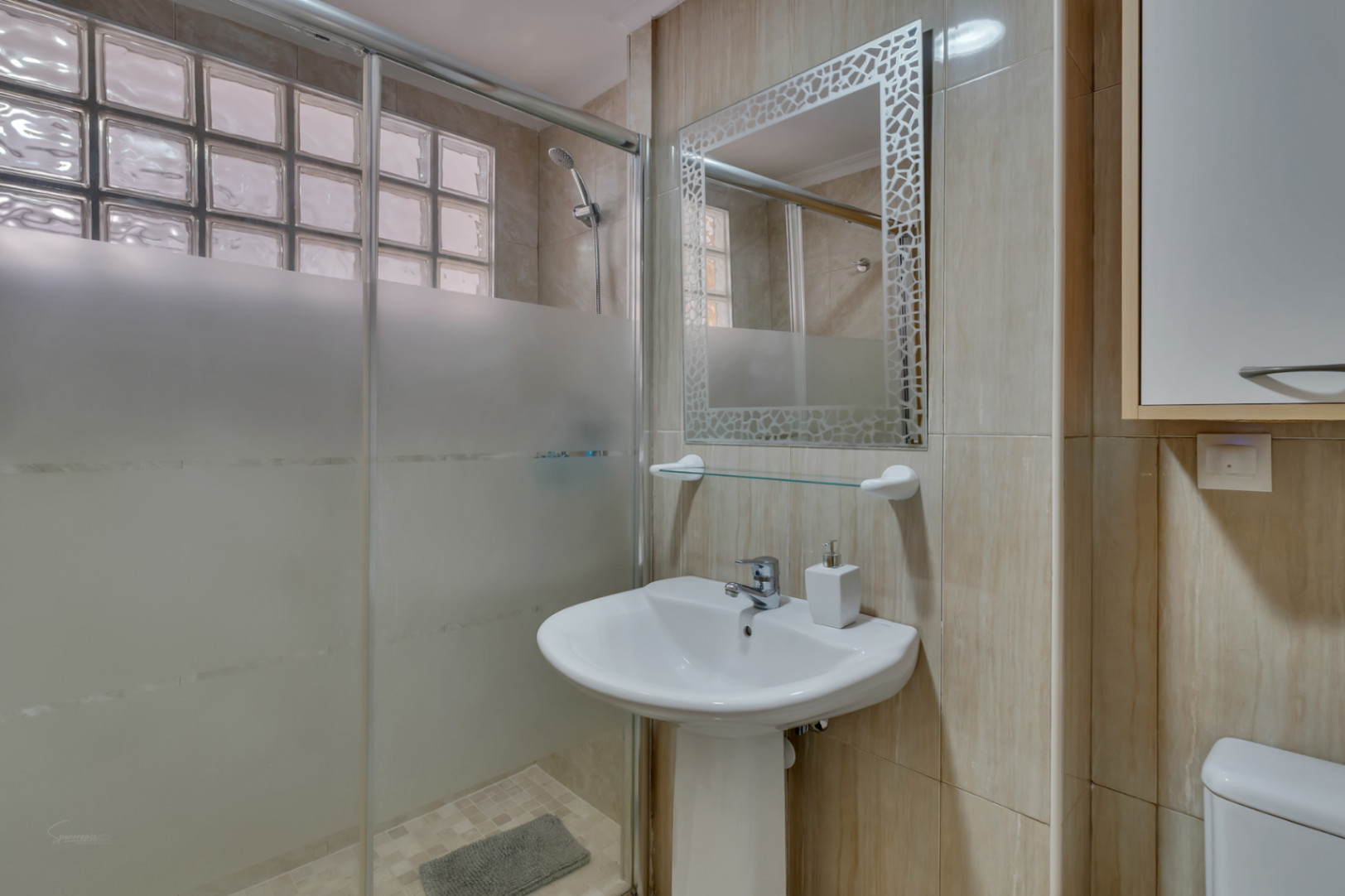 Detalle del baño con ducha de bloques de vidrio y lavabo de pedestal.