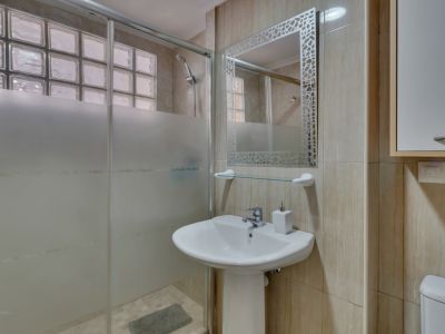 Detalle del baño con ducha de bloques de vidrio y lavabo de pedestal.