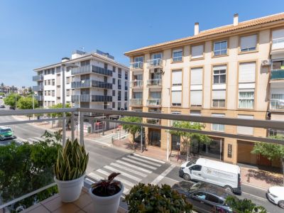 Vista desde el balcón con barandilla metálica, macetas con plantas ornamentales y edificios residenciales.