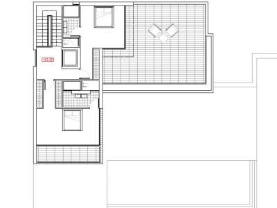 Plano arquitectónico de la planta superior con terraza, dormitorios y escaleras.