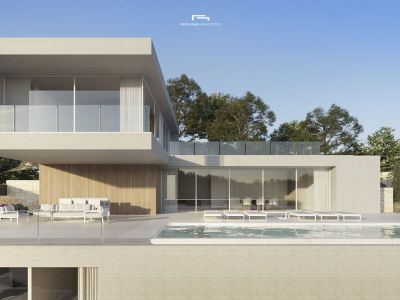 Vista exterior de la villa con piscina y terraza con mobiliario moderno.