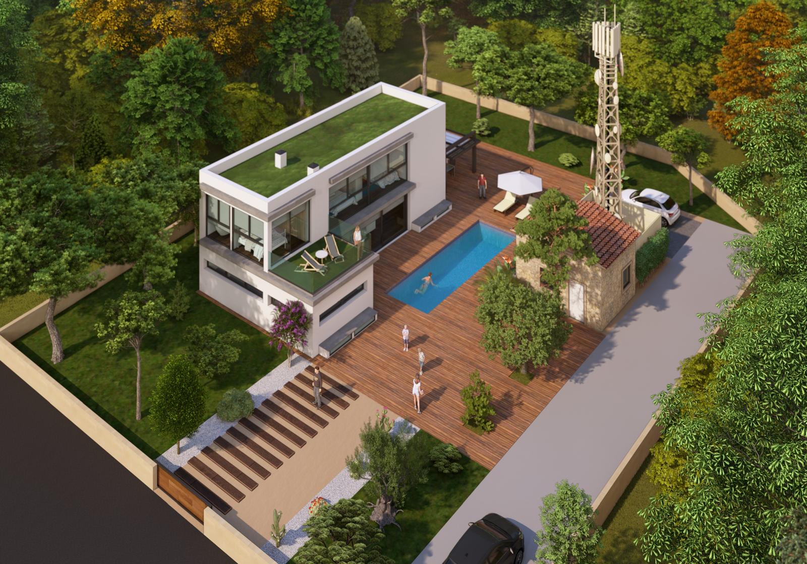 Vista aérea de la parcela con casa moderna, piscina y torre de telecomunicaciones.