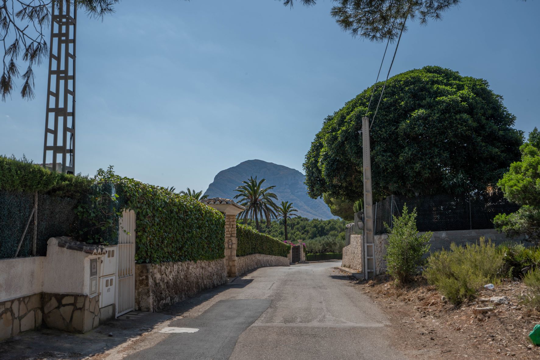 Vista de la calle bordeada de muros de piedra y vegetación exuberante, con una montaña imponente al fondo.