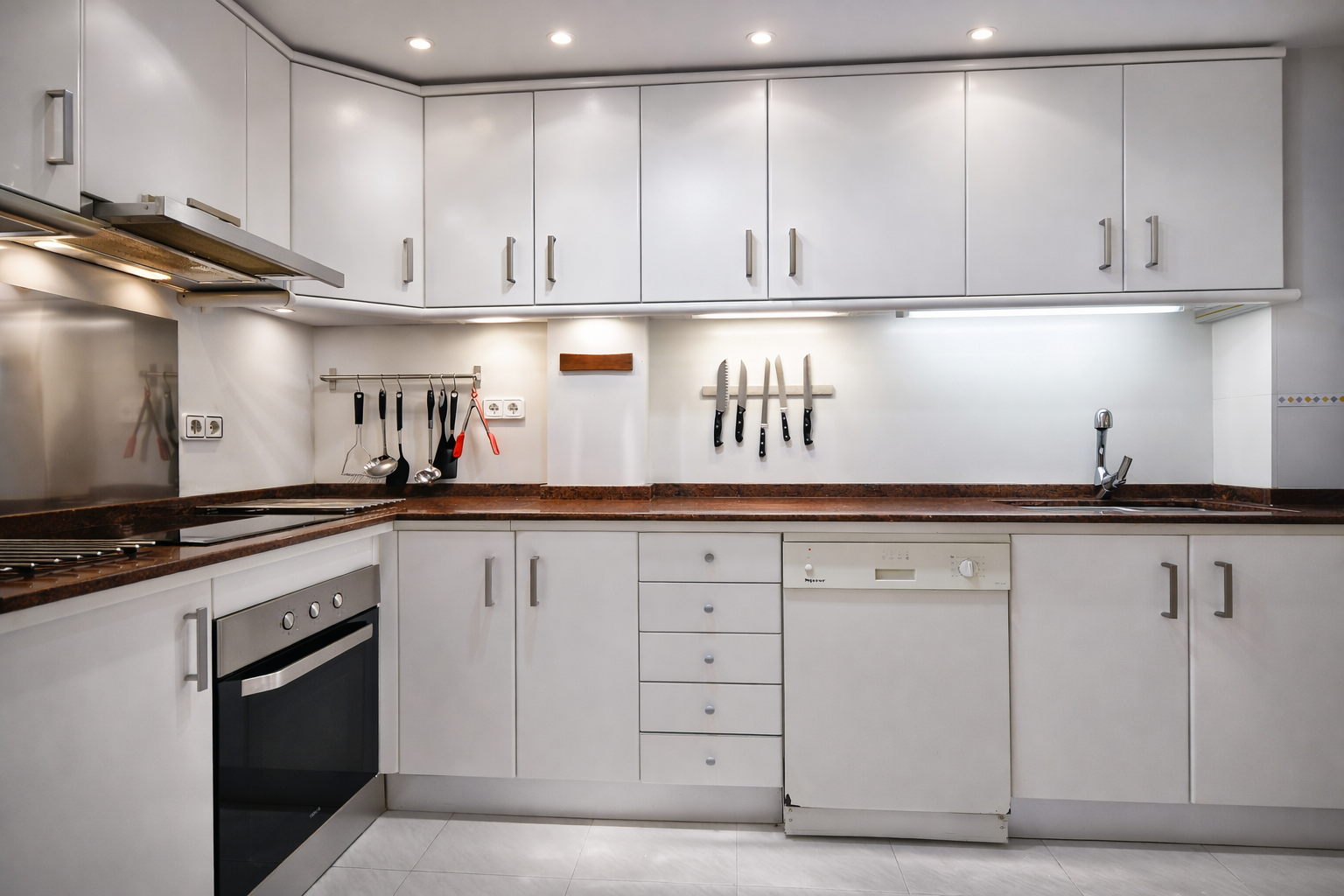 Cocina funcional con encimera de granito y armarios blancos. Iluminación empotrada y electrodomésticos integrados.