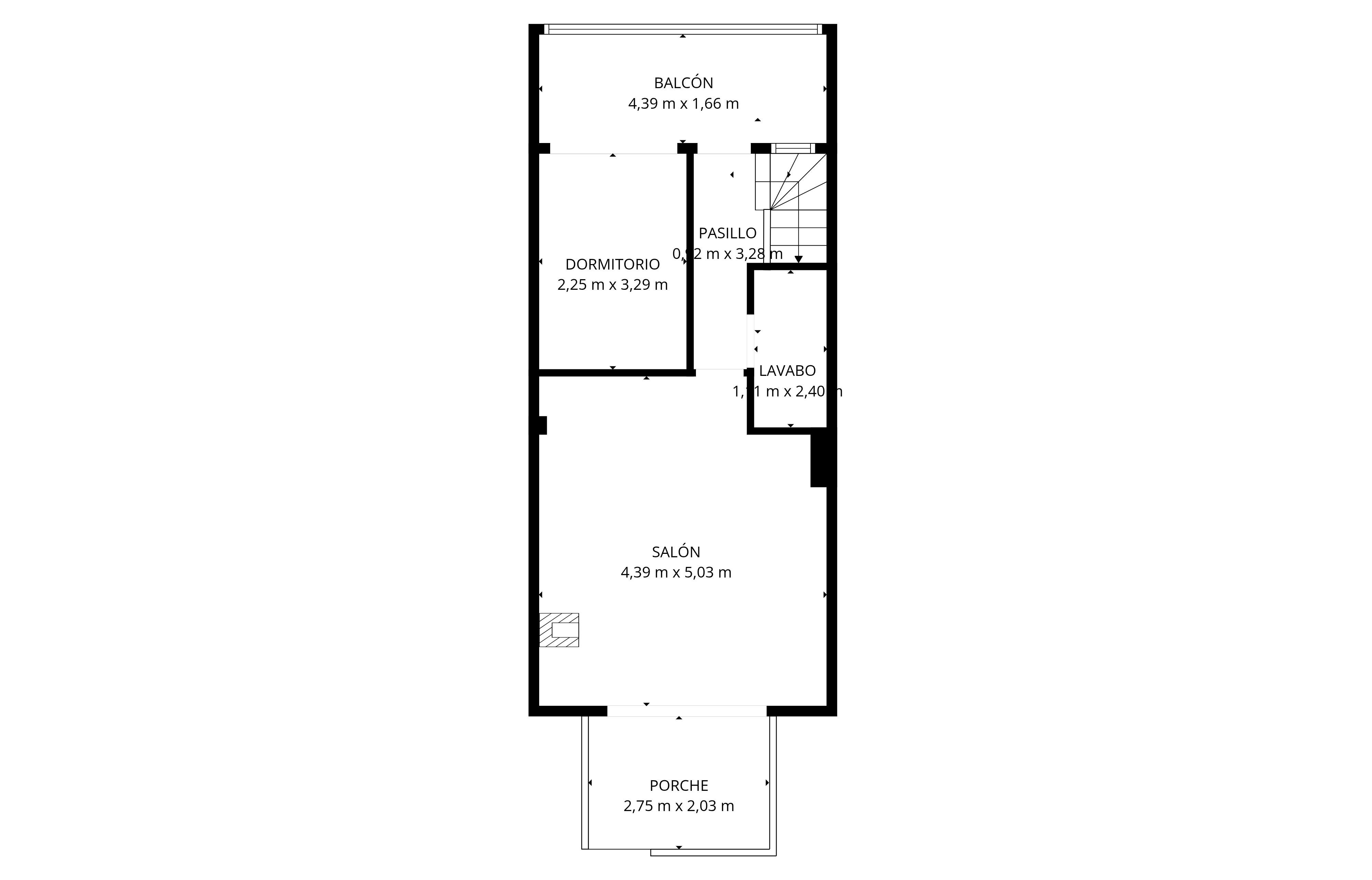 Plano arquitectónico detallado de una vivienda de dos plantas con terraza, balcón, salón y porche.