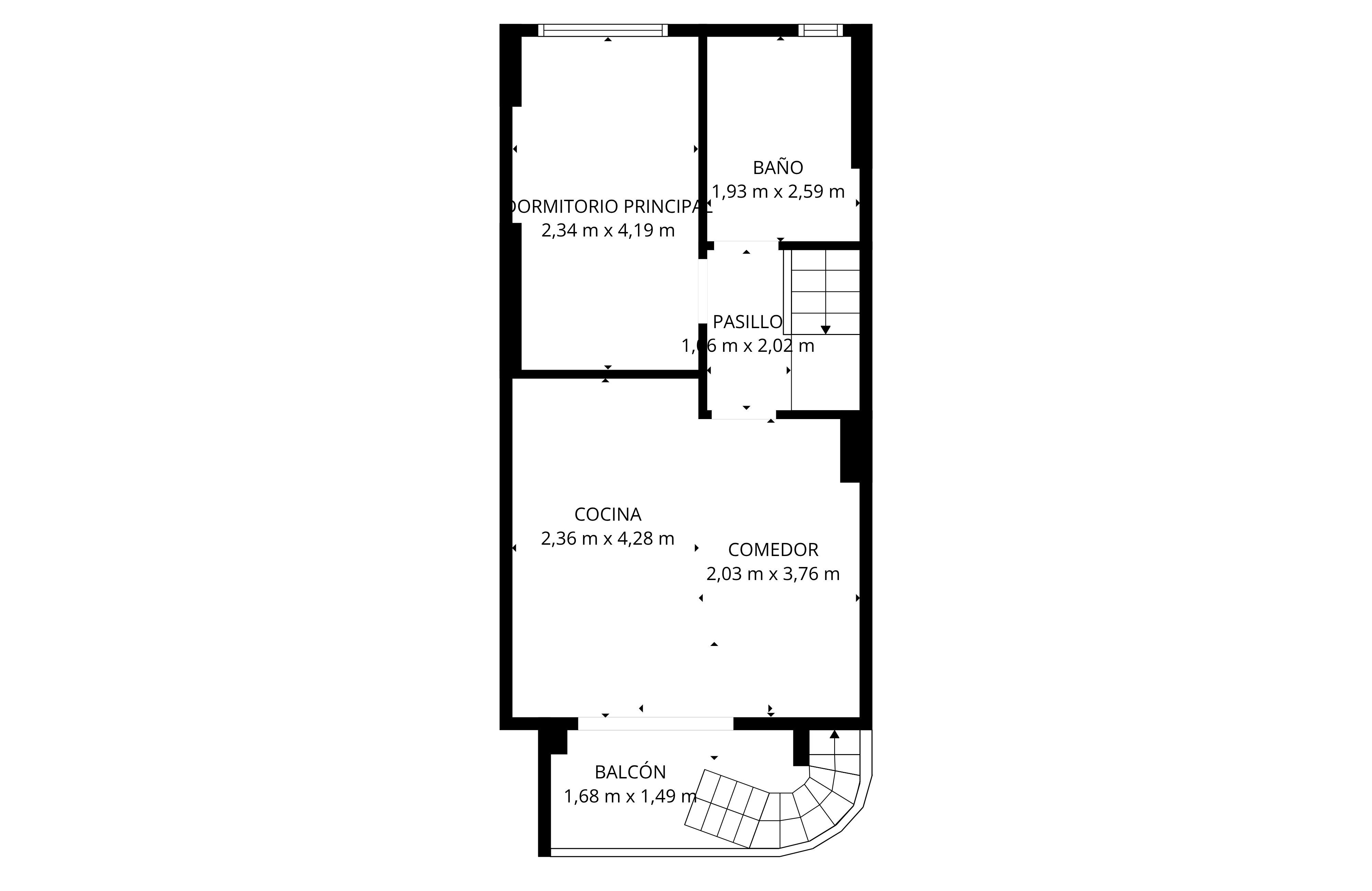 Plano arquitectónico detallado que muestra la distribución de un apartamento de dos plantas con balcón.
