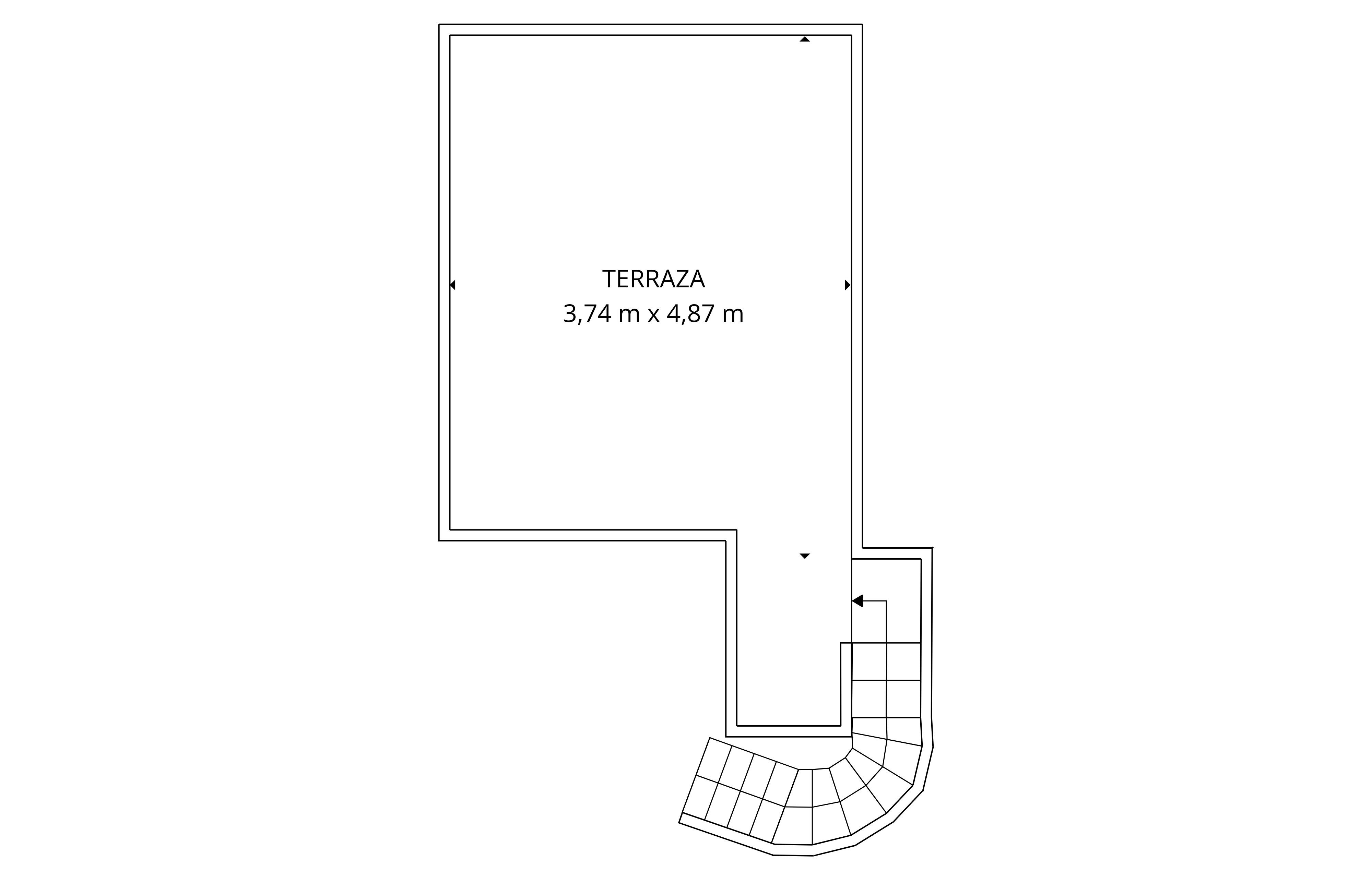 Plano técnico de terraza de 3,74m x 4,87m con acceso por escalera curva.