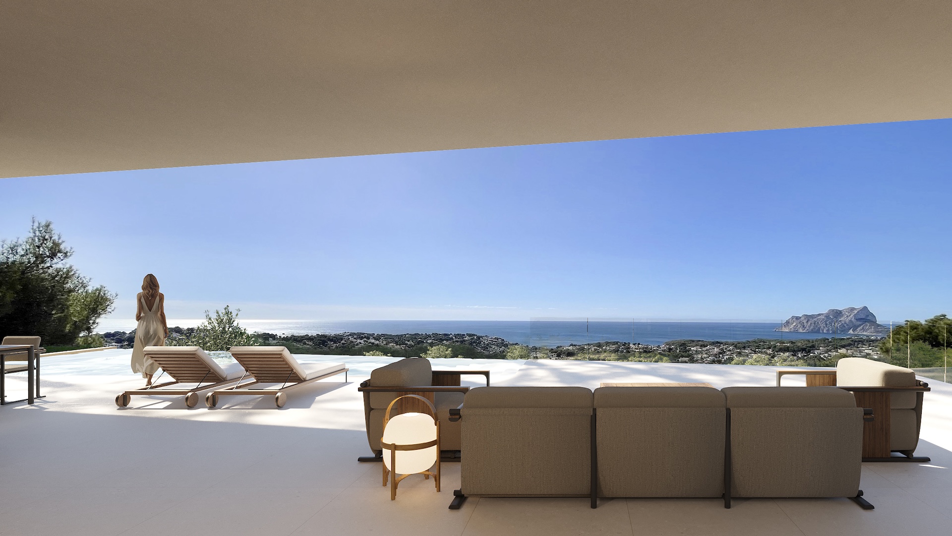 Amplia terraza exterior con piscina infinita y mobiliario moderno, ofreciendo vistas panorámicas al mar y a un promontorio rocoso. Suelo claro y zona cubierta. Amplia terraza exterior con piscina infinita y mobiliario moderno, ofreciendo vistas panorámicas al mar y a un promontorio rocoso. Suelo claro y zona cubierta.