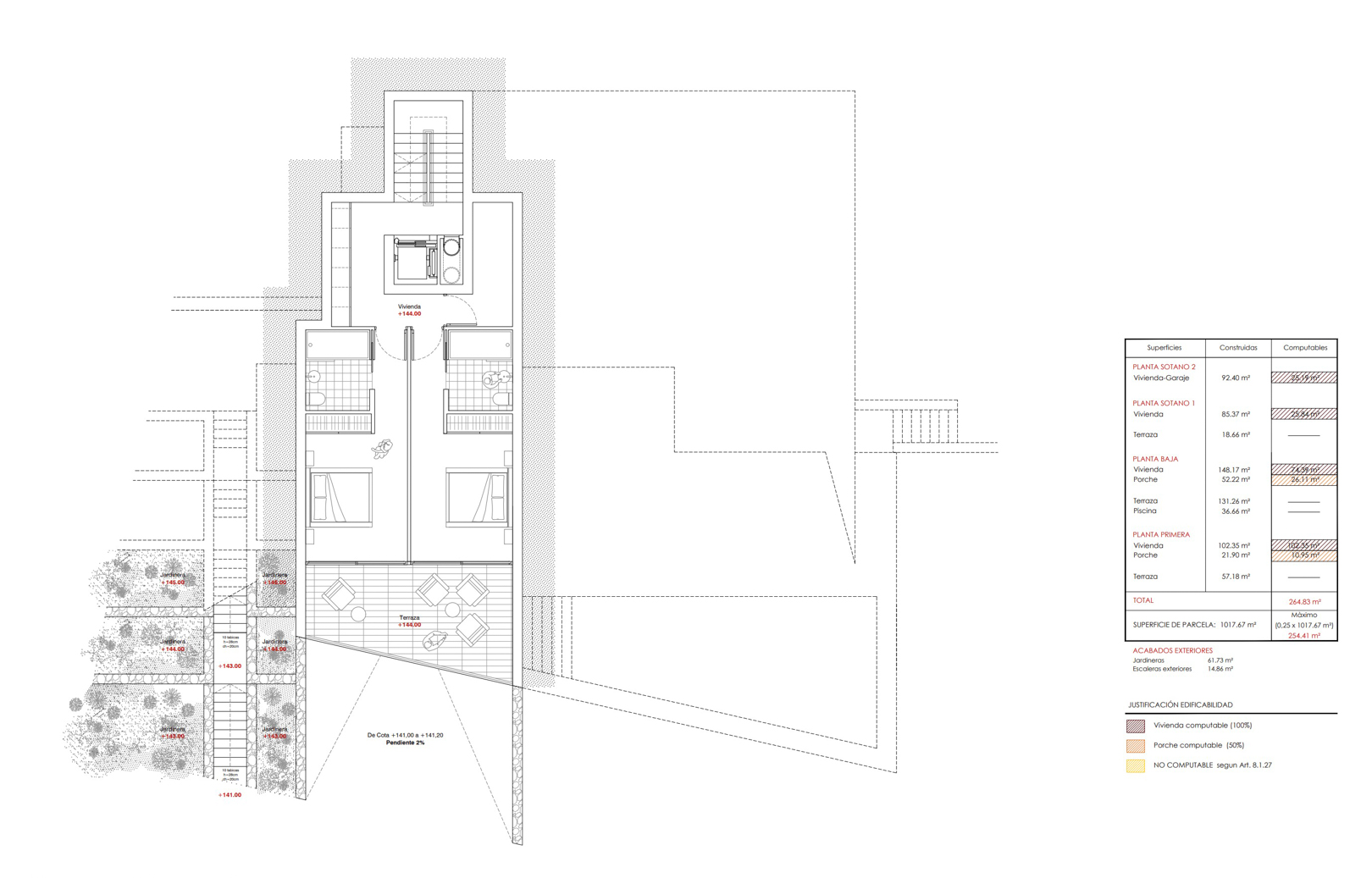 Plano de la Planta Baja con 2 dormitorios en suite, salón-comedor diáfano, acceso a terraza exterior y piscina, rodeado de jardines aterrazados. Plano de la Planta Baja con 2 dormitorios en suite, salón-comedor diáfano, acceso a terraza exterior y piscina, rodeado de jardines aterrazados.