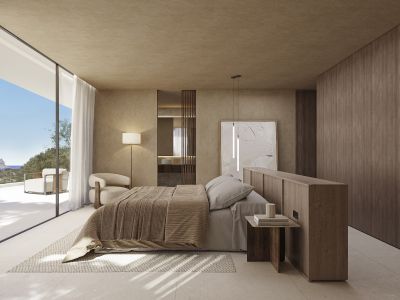 Dormitorio principal con ventanales de suelo a techo, vistas panorámicas al mar y acceso directo a la terraza. Predominan tonos neutros, paredes texturizadas y paneles de madera oscura.