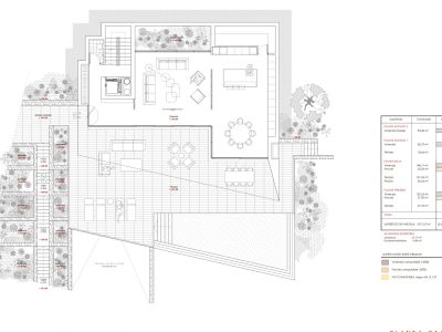 Plano arquitectónico detallado de la planta baja con salón-comedor diáfano, cocina abierta, amplias terrazas exteriores y piscina privada.