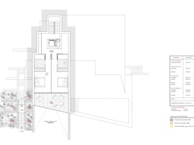 Plano de la Planta Baja con 2 dormitorios en suite, salón-comedor diáfano, acceso a terraza exterior y piscina, rodeado de jardines aterrazados.
