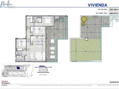 Plano de planta detallado de un apartamento de 244.07 m² con 3 dormitorios, 2 baños, salón-comedor, cocina, terraza y jardín privado. Muestra la distribución espacial y dimensiones.