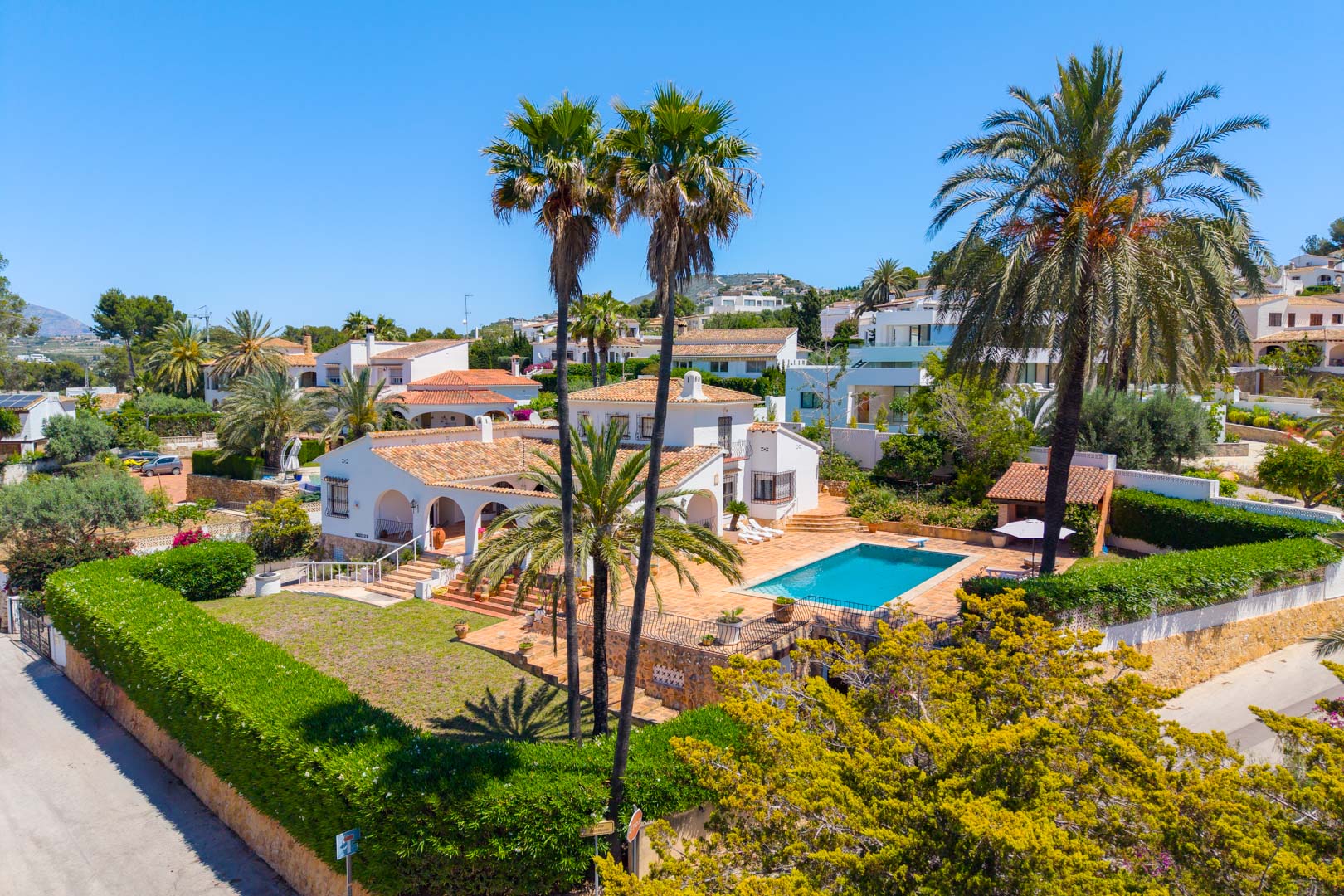 Vista aérea de la villa con piscina rodeada de jardines y palmeras.