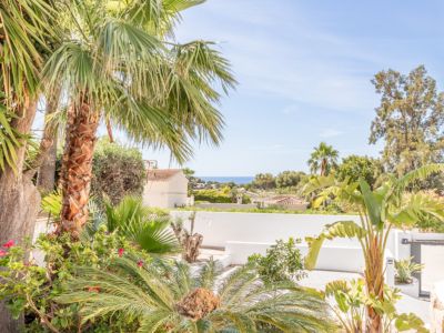 Vista del exuberante jardín mediterráneo con palmeras y vegetación vibrante, enmarcada por un muro blanco, con una clara vista al mar azul a lo lejos bajo un cielo brillante.